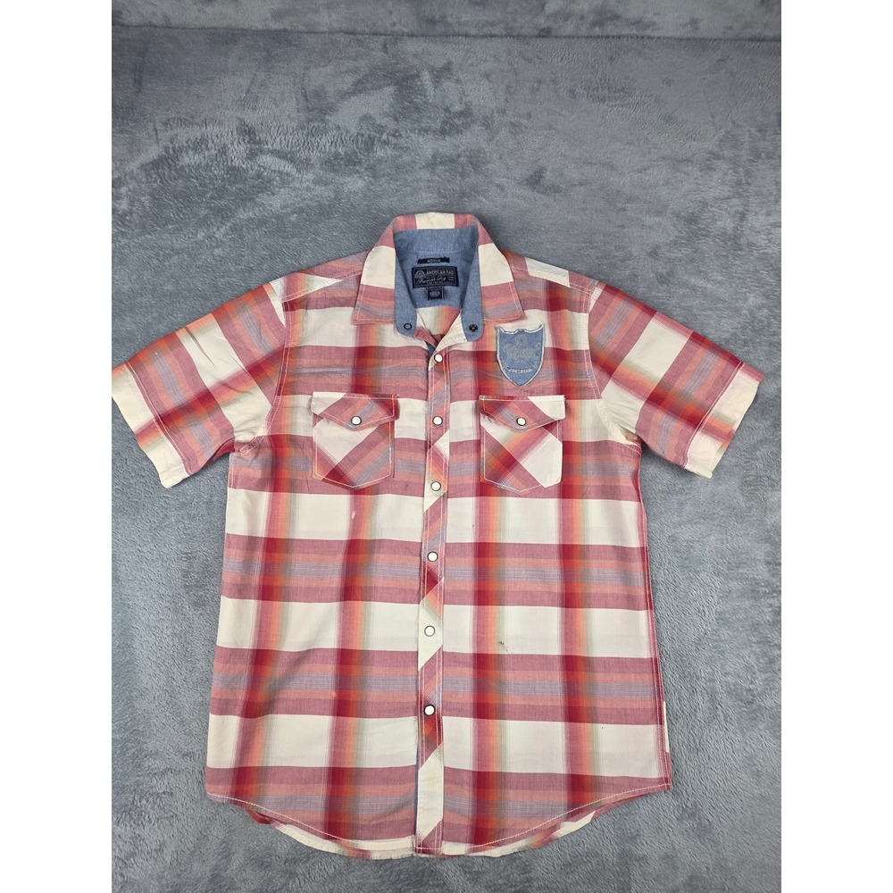 American Rag Plaid Short Sleeve Pearl Snap Western Shirt Red Orange Mens Size M